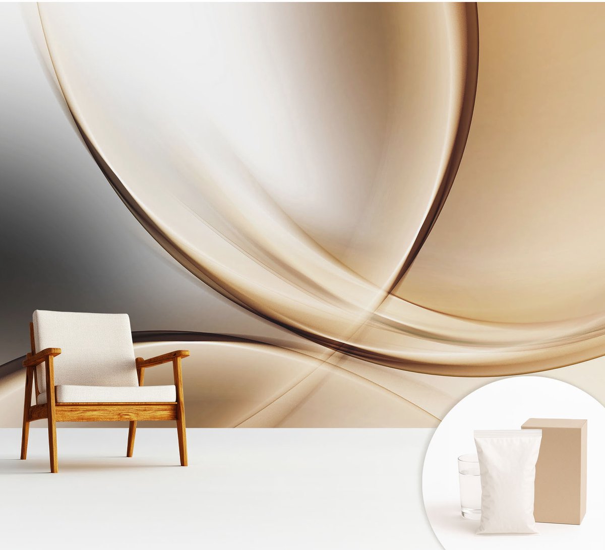 Wallfluent Fotobehang - Beige Vliesbehang - 312x219 cm - Afgeronde Lijnen Fotobehang Vlies - Woonkamer behang Abstractie - Muurschildering - Woonkamer behang