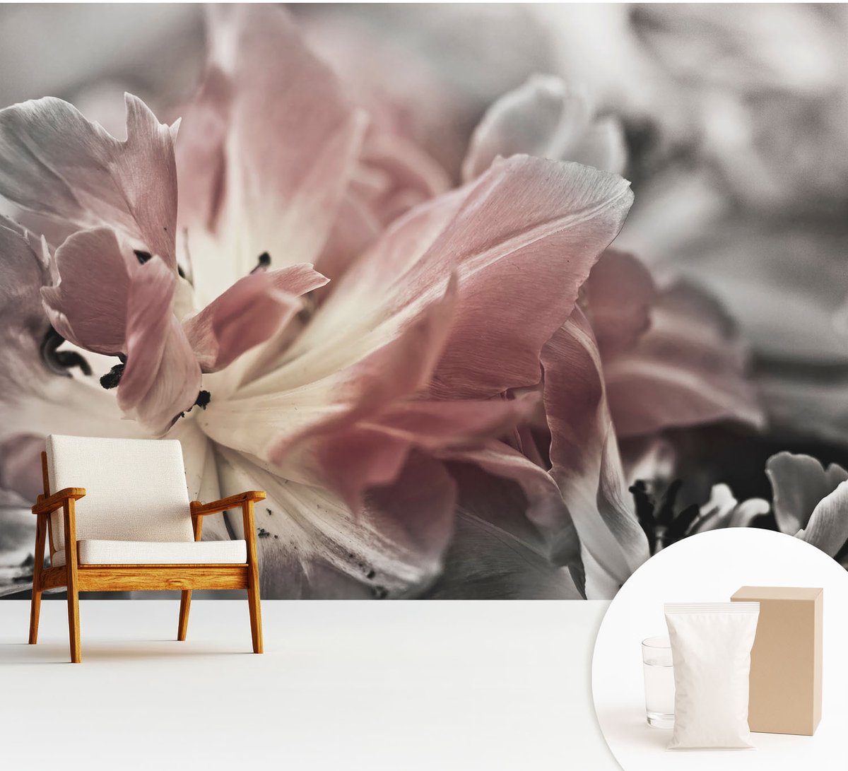 Wallfluent Fotobehang - Grijs Vliesbehang - 312x219 cm - Pastelkleurige Bloem Fotobehang Vlies - Woonkamer behang Bloemen En Planten - Muurschildering - Woonkamer behang