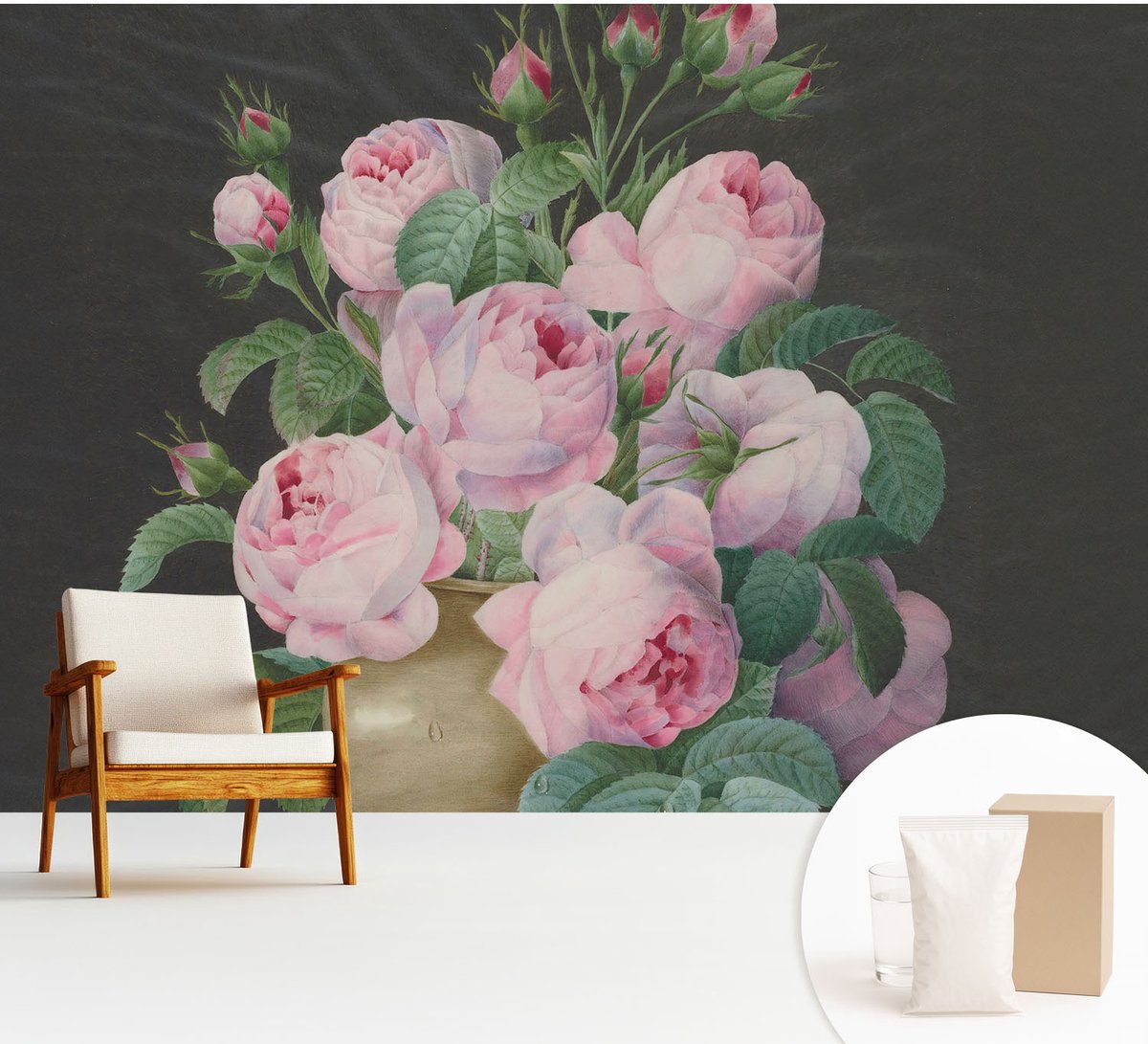 Wallfluent Fotobehang - Zwart-Wit Vliesbehang - 312x219 cm - Bloemige Elegantie Fotobehang Vlies - Hal behang Bloemen En Planten - Muurschildering - Woonkamer behang