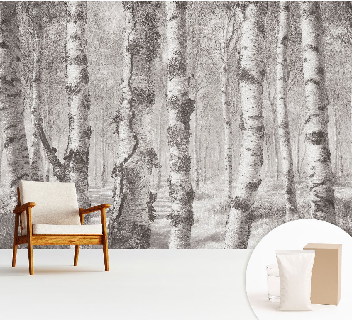 Wallfluent Fotobehang - Grijs Vliesbehang - 312x219 cm - Berkenbos Fotobehang Vlies - Woonkamer behang Landschappen - Muurschildering - Woonkamer behang