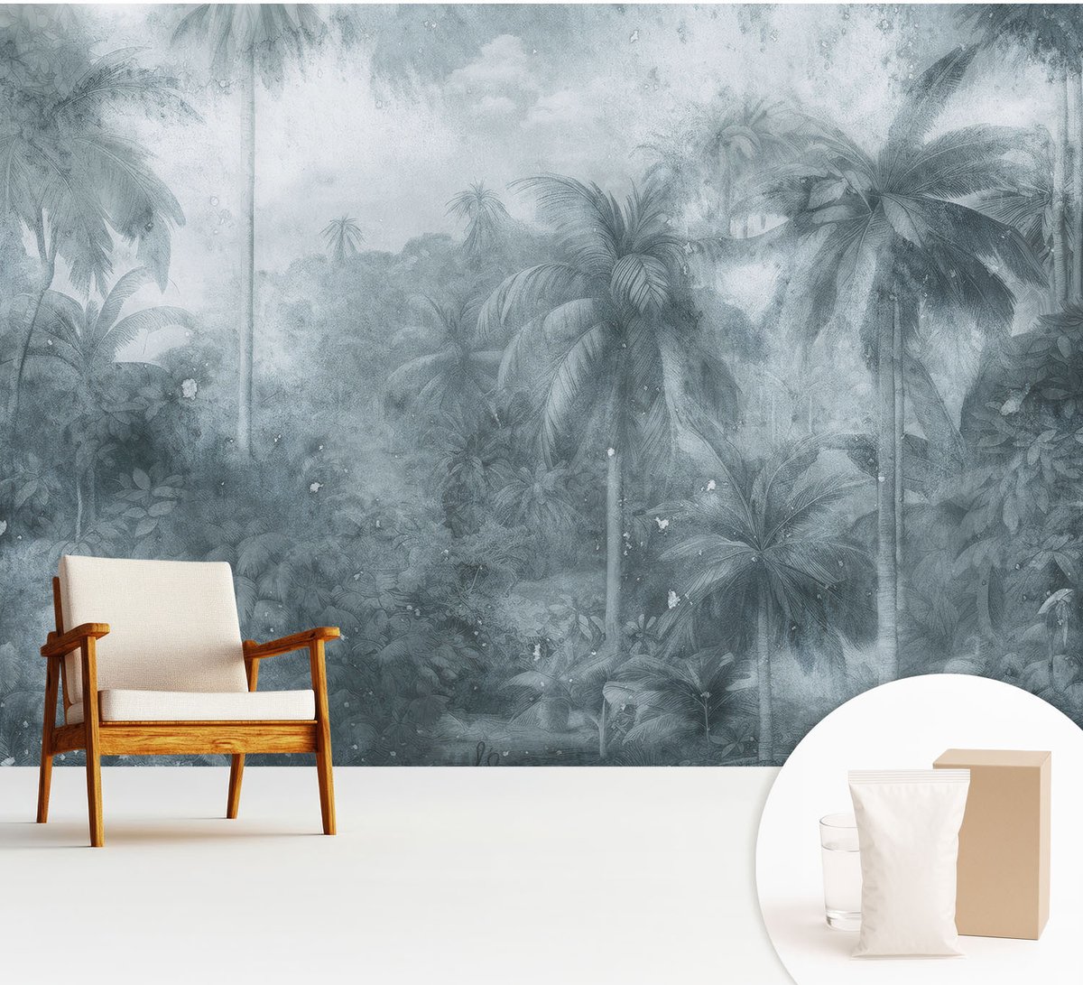 Wallfluent Fotobehang - Grijs Vliesbehang - 312x219 cm - Tropische Vegetatie Muurschildering - Slaapkamer behang Bloemen En Planten - Fotobehang Vlies - Slaapkamer behang