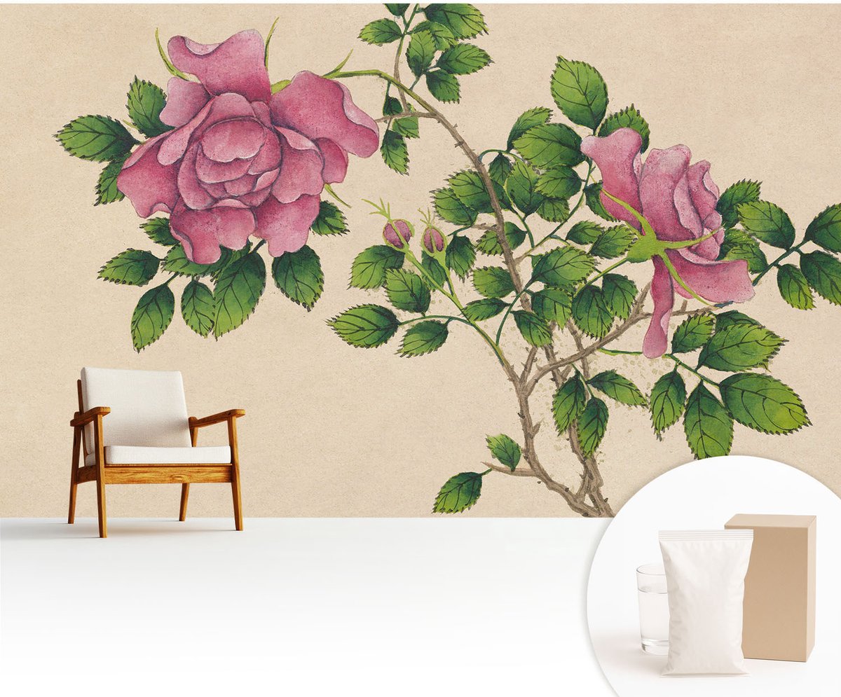 Wallfluent Fotobehang - Beige Vliesbehang - 416x254 cm - Romantische Rozen Fotobehang Vlies - Woonkamer behang Bloemen En Planten - Muurschildering - Woonkamer behang