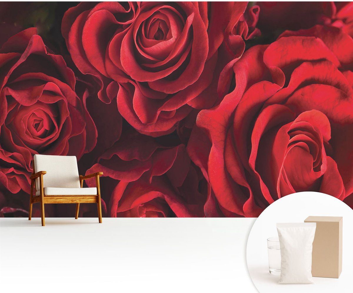 Wallfluent Fotobehang - Rood Vliesbehang - 416x254 cm - Rode Rozen Muurschildering - Slaapkamer behang Bloemen En Planten - Fotobehang Vlies - Gang behang