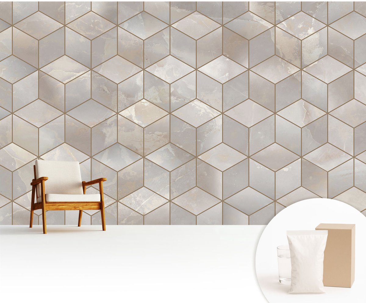 Wallfluent Fotobehang - Grijs Vliesbehang - 416x254 cm - Geometrische Mozaïek Fotobehang Vlies - Hal behang Geometrie - Muurschildering - Woonkamer behang
