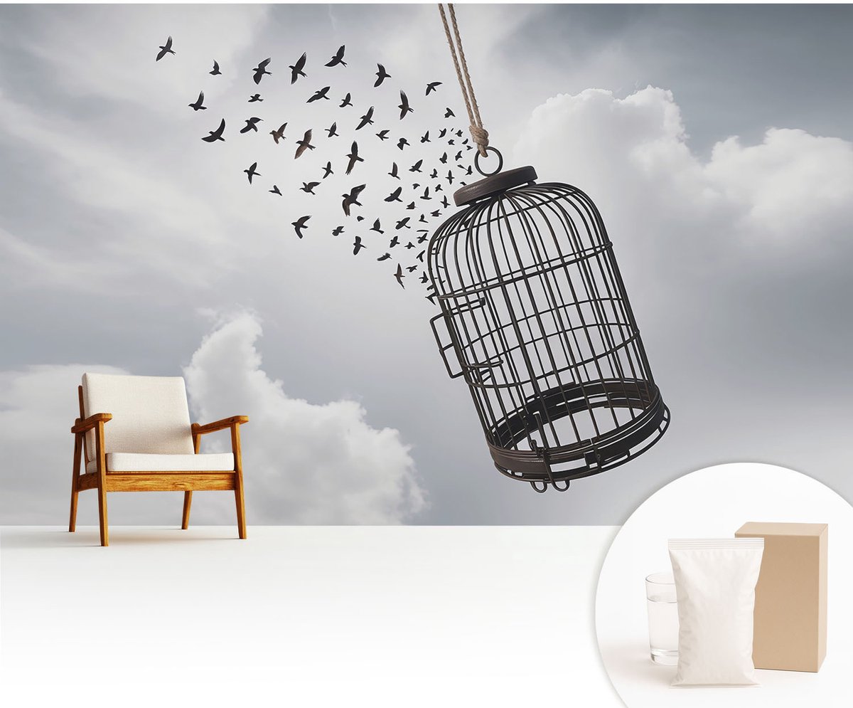 Wallfluent Fotobehang - Wit Vliesbehang - 416x254 cm - Vliegende Vogels Muurschildering - Gang behang Dieren - Fotobehang Vlies - Slaapkamer behang