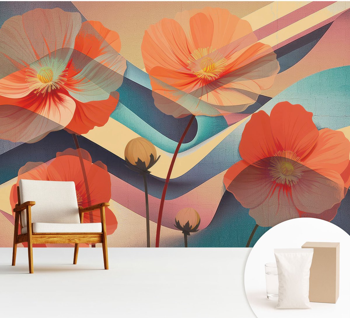 Wallfluent Fotobehang - Oranje Vliesbehang - 312x219 cm - Bloemen Van De Zintuigen Muurschildering - Slaapkamer behang Bloemen En Planten - Fotobehang Vlies - Slaapkamer behang