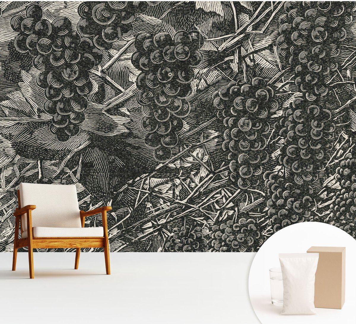Wallfluent Fotobehang - Zwart-Wit Vliesbehang - 312x219 cm - Druivenafdruk Fotobehang Vlies - Woonkamer behang Bloemen En Planten - Muurschildering - Woonkamer behang