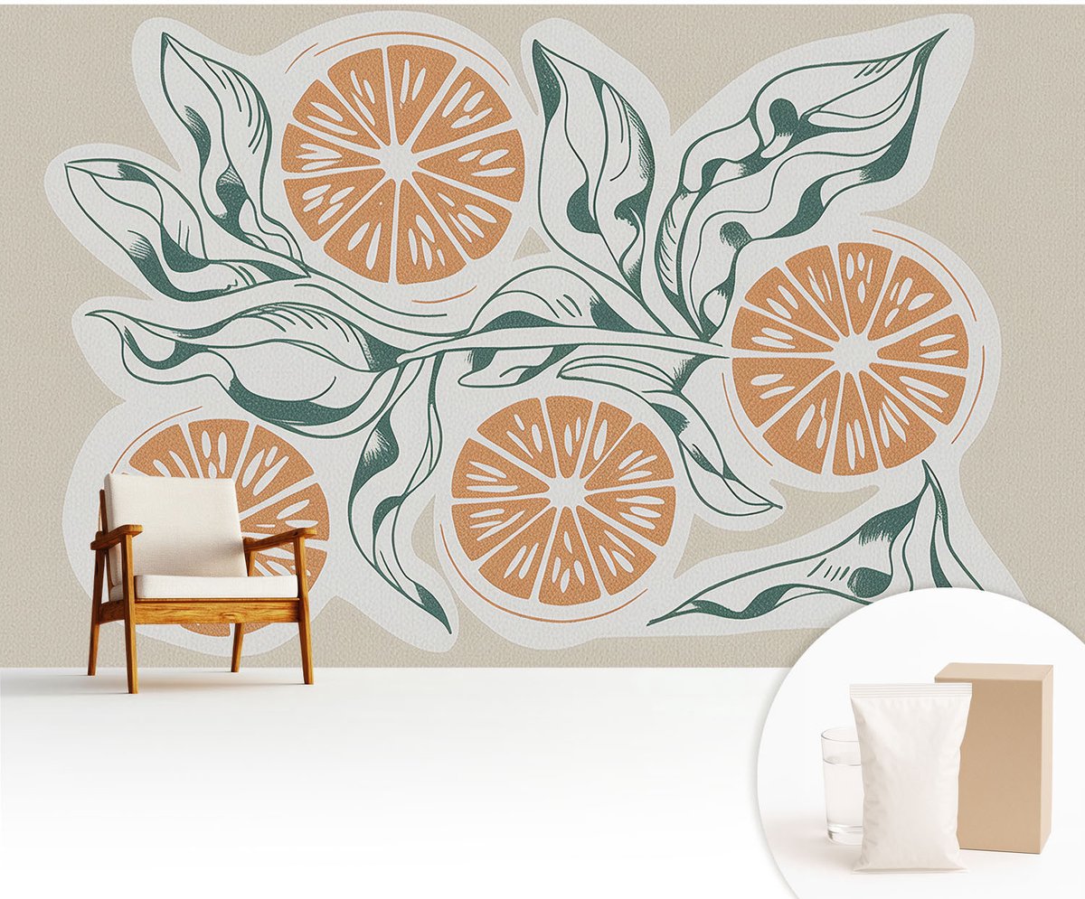 Wallfluent Fotobehang - Wit Vliesbehang - 416x254 cm - Vruchtpatronen Fotobehang Vlies - Woonkamer behang Bloemen En Planten - Muurschildering - Woonkamer behang