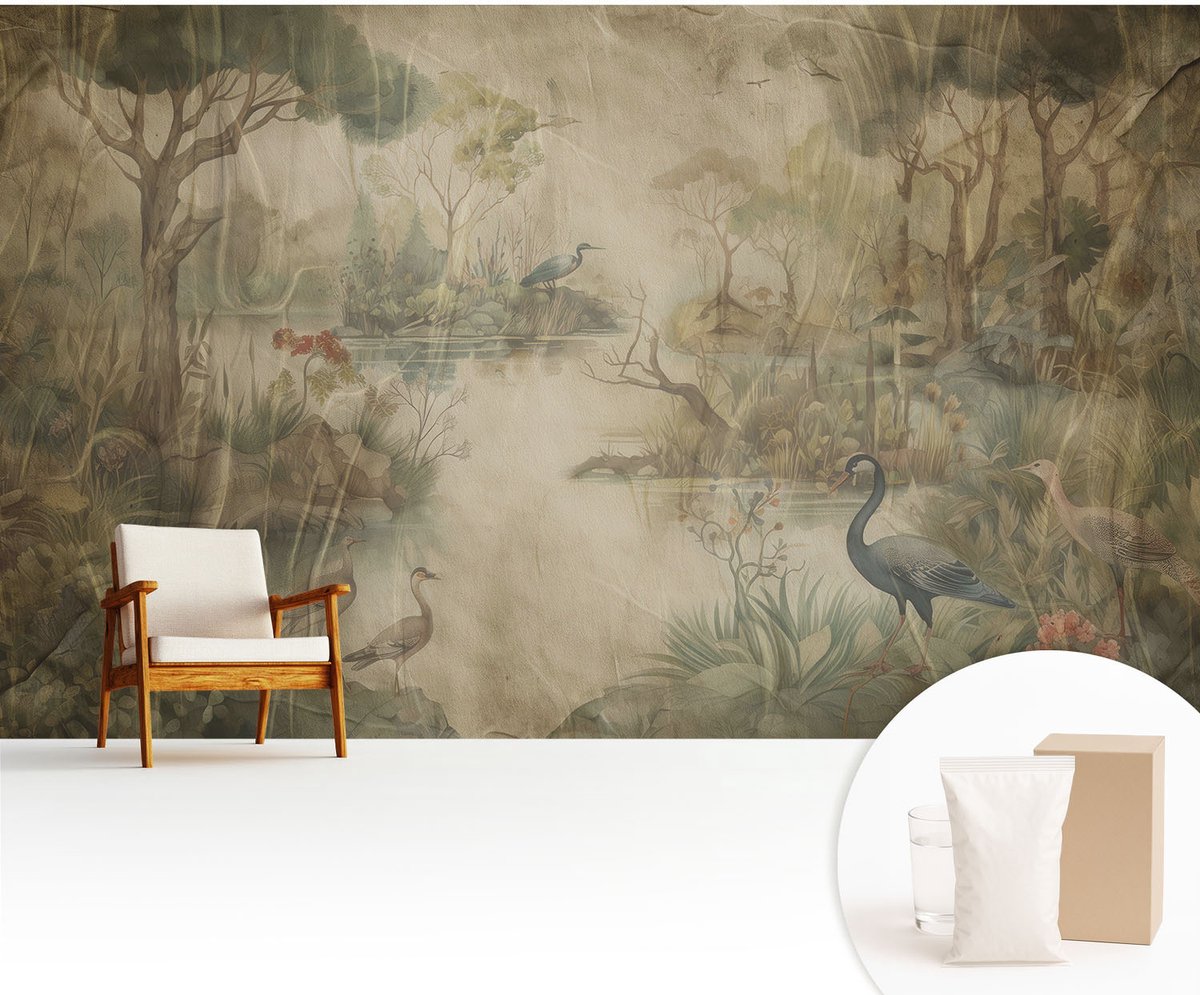 Wallfluent Fotobehang - Beige Vliesbehang - 416x254 cm - Boslandschap Muurschildering - Slaapkamer behang Bloemen En Planten - Fotobehang Vlies - Gang behang