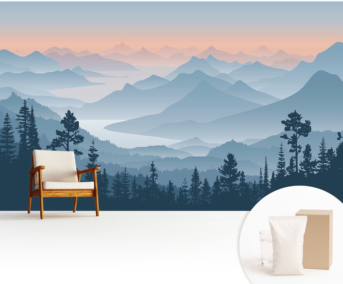 Wallfluent Fotobehang - Zwart Vliesbehang - 416x254 cm - Bergpanorama Fotobehang Vlies - Hal behang Landschappen - Muurschildering - Woonkamer behang