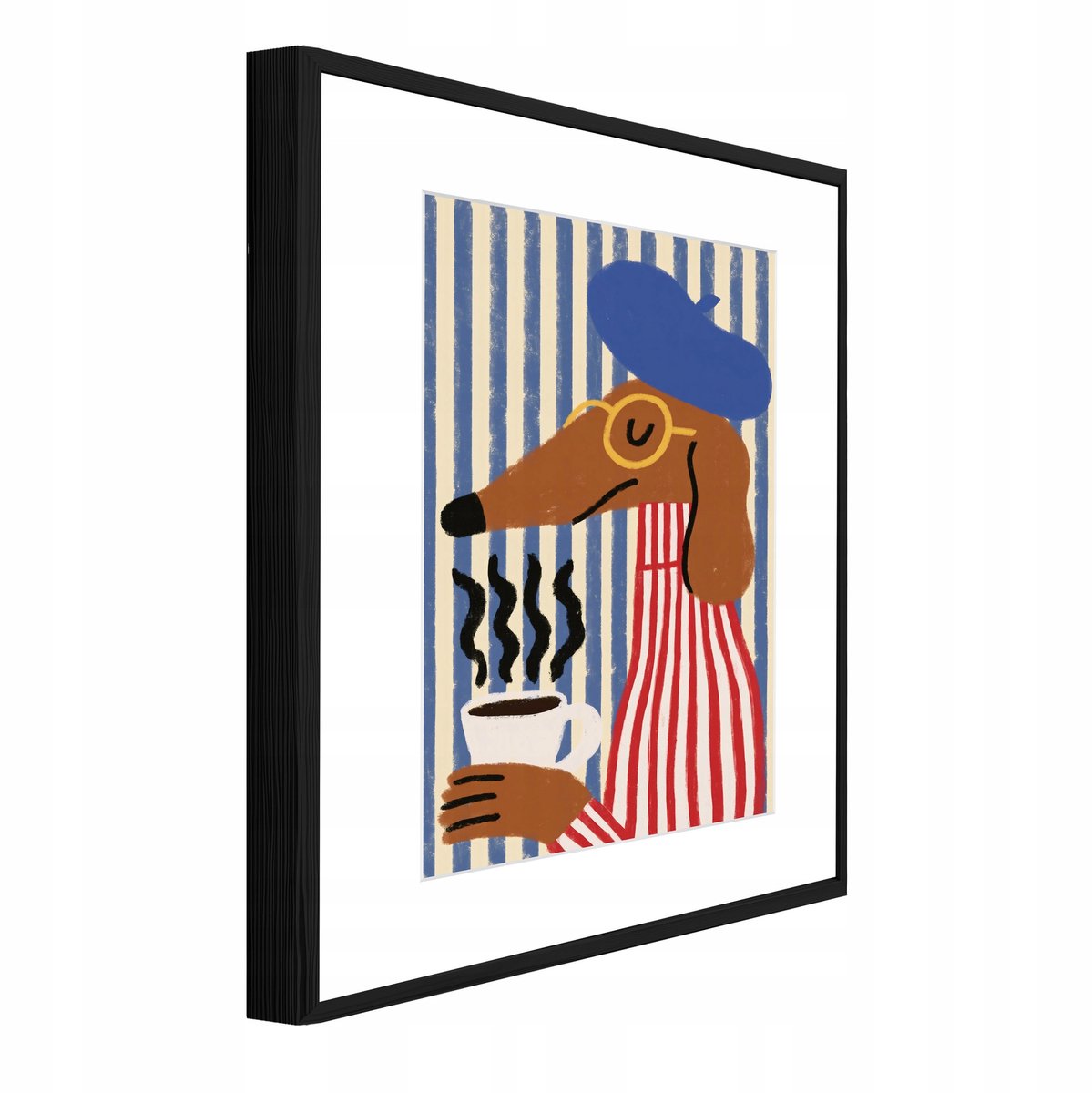 WALLARENA Schilderij met reliëf en passe-partout 90x60 cm - zwarte lijst - teckel met koffie - wanddecoratie voor woonkamer en slaapkamer Bruin