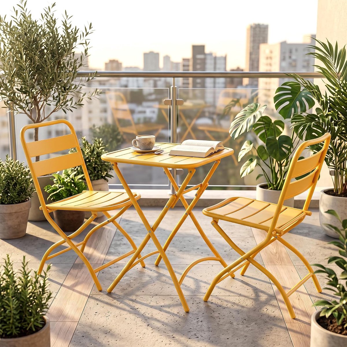 Vouwbaar tuinset 3-delig - Geel - tafel + 2 stoelen - metaal - weerbestendig - voor balkon en terras