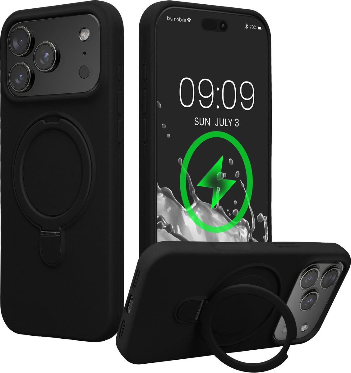 kwmobile Hoesje met Ringstandaard voor Apple iPhone 18 Pro Max / iPhone 17 Pro Max - Compatibel met MagSafe - Siliconen Beschermhoes met Microvezel Voering en Standaard - zwart
