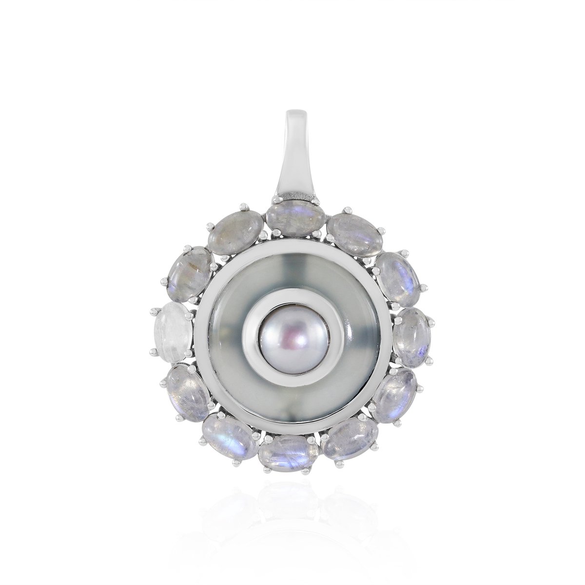 Cavill - Zilveren Hanger dames - 925 Sterling Zilver Gerhodineerd - Witte Zoetwaterkweekparel 6mm - Blauwe Chalcedoon 4,95ct - Luxe elegantie