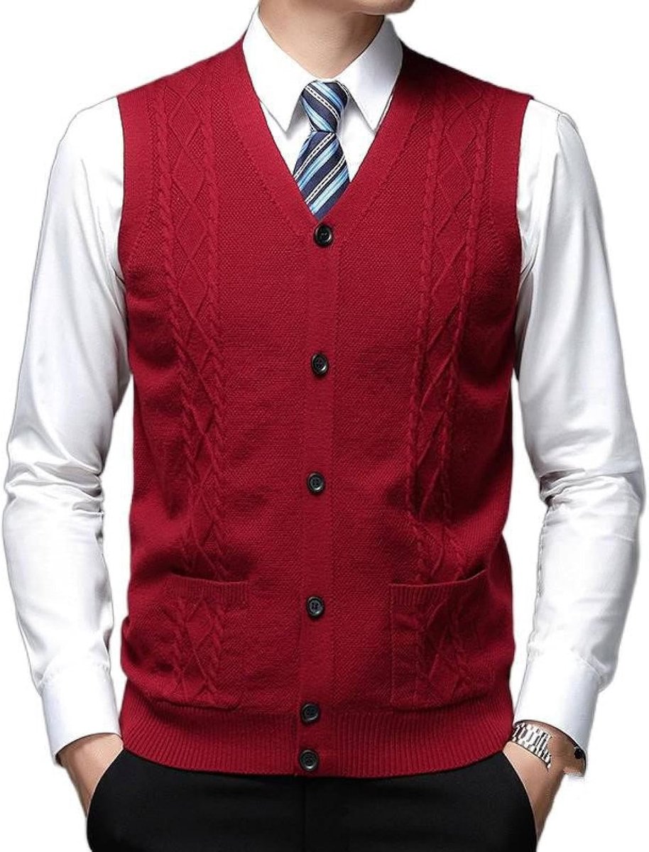 Effen Jacquard Gebreid Vest Bovenkleding, Jeugdmode Heren Argyle V-Hals Vest Vest Casual Trendy Trui, Klassiek Zakelijk Heren Gebreide Vest Trui Vest Tanktops, Wijnrood, S