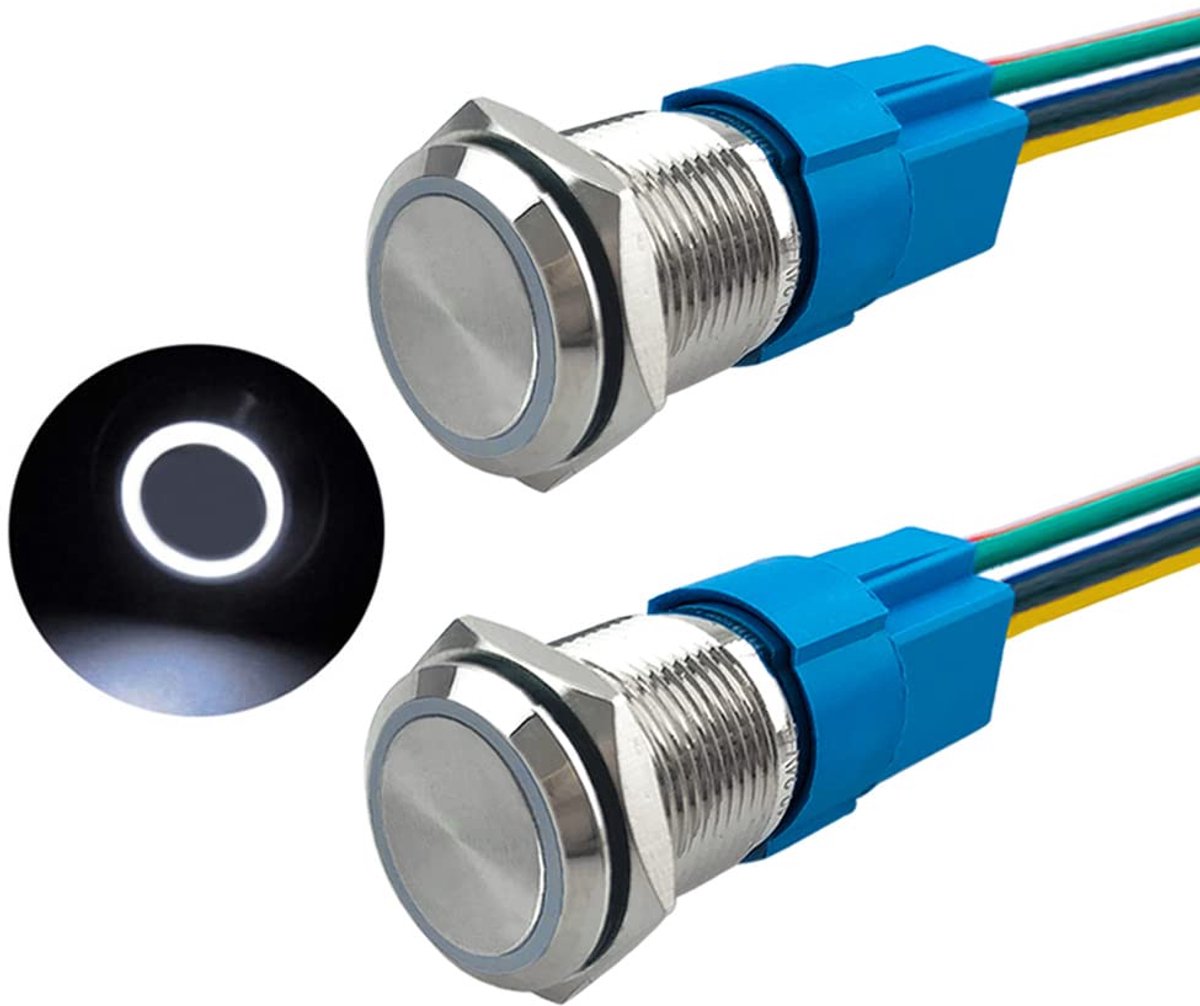 2 stuks 16 mm momentdrukknopschakelaar, 12 V/24 V 5 A, drukknopschakelaar van roestvrij staal, waterdicht IP67, met voorbedrade stekker (witte led)
