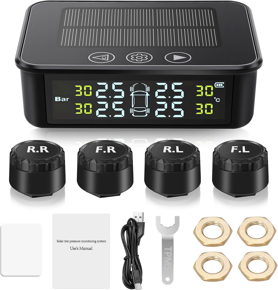 Bandenspanningsmeter met touchscreen-knoppen en LCD-display, draadloos opladen via zonne-energie/USB, 5 alarmmodi, 4 externe sensoren voor auto's, SUV's