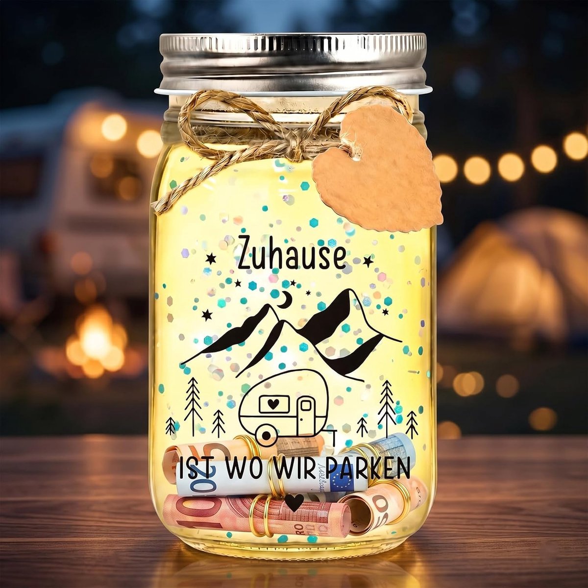 Cadeau in glas met lichtketting voor camper en caravan