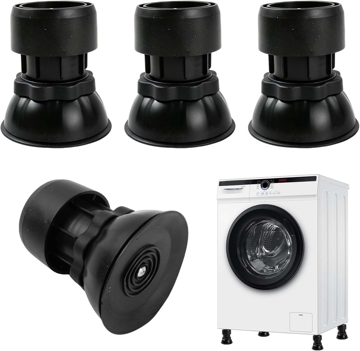 4 stuks verstelbare wasmachine-houders (10-12 cm), basis voor wasmachine en droger met pvc-pads, antislip wasmachine-verhoging voor geluidsreductie en ter bescherming van de vloer