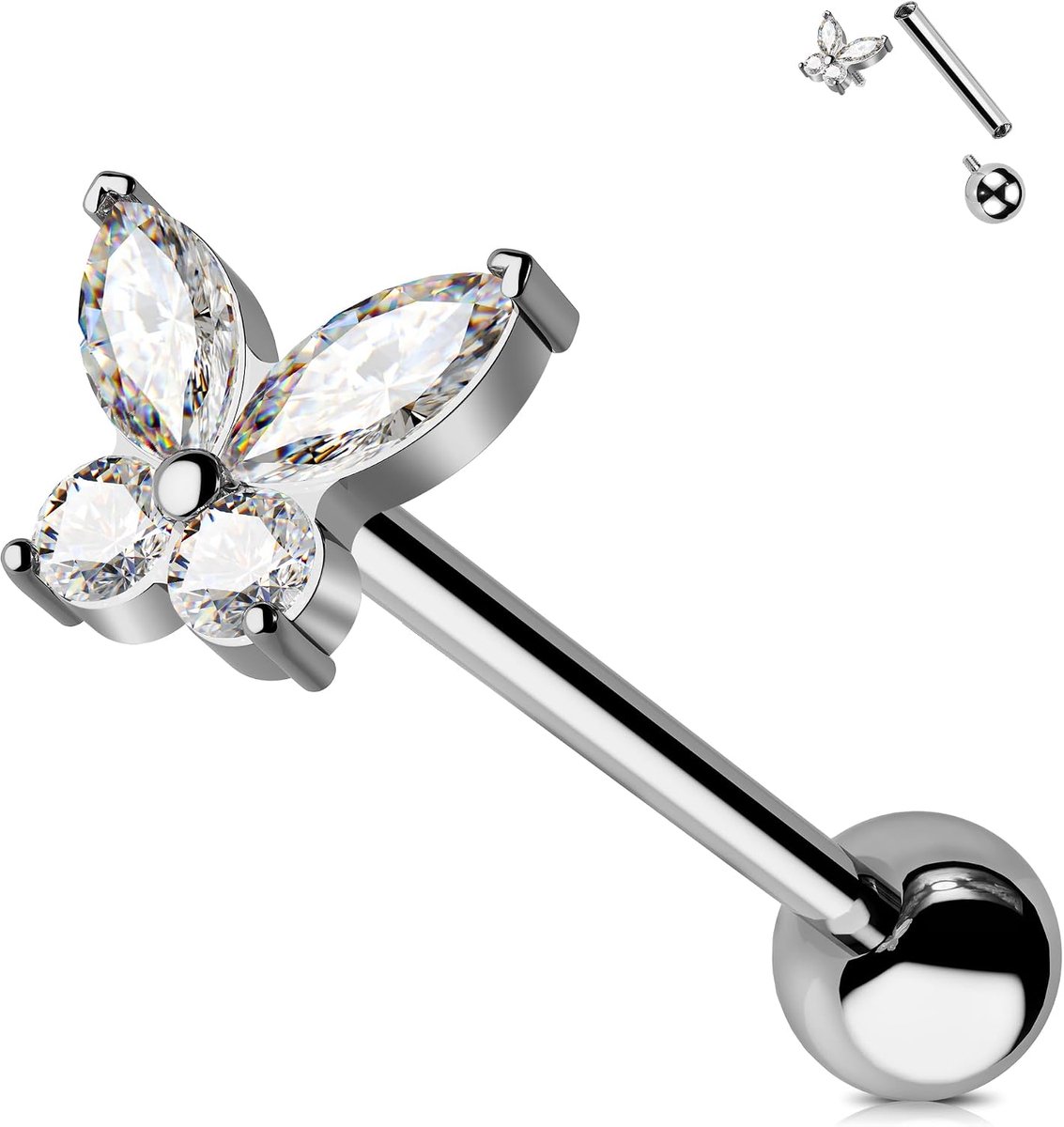 Titanium Tongring - Vlinder Barbell 14G - Tongstaafjes Met Interne Schroefdraad - Piercing Bar - Lange Halter Met CZ Zirkonia