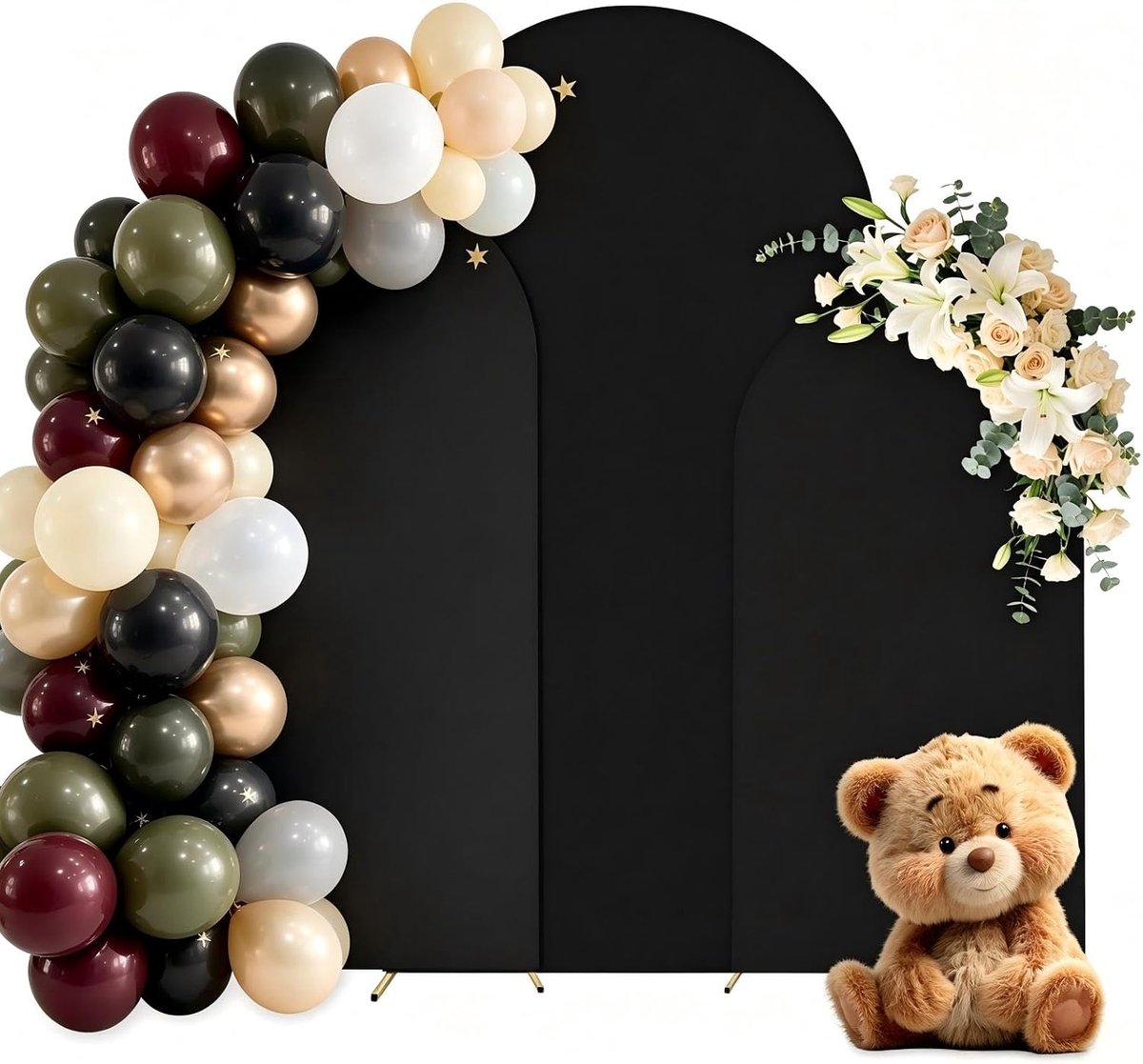 Set van 3, 1,8/1,5/1,2 m, bruiloftsboogafdekking, ronde bovenkant, dubbelzijdig, frameafdekking, achtergrondafdekking voor verjaardagsfeest, ceremonie, banket (zwart)