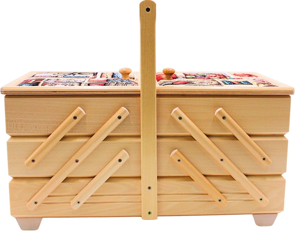 Naaikistje, naaikistje van fineerhout met 7 vakken en stoffen bekleding, naaldmotief in naturel, 42 x 20 x 21 cm (l x b x h)