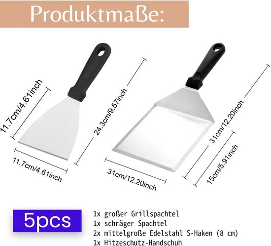 Roestvrij staal, 5 stuks, plancha-spatel, grillaccessoires — afbeelding 2
