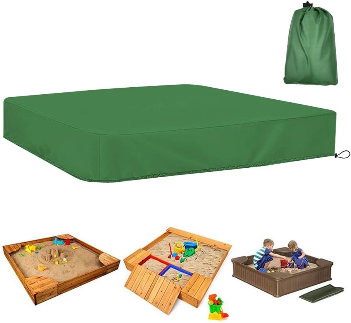 Zandbakafdekking, zandbakafdekking, afdekzeil, waterdicht, 210D Oxford-stof, zandbakzeil, zandbakzeil, dekzeil met trekkoord, opbergtas voor zandbak (155 x 155 cm, groen)