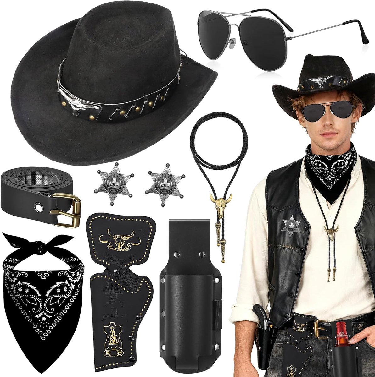 9-delige western-cowboykostuumset met hoed, bril, halsketting, bierbekerhouder, bandana, holster, badge, riem voor carnaval, Western themafeest, cosplay
