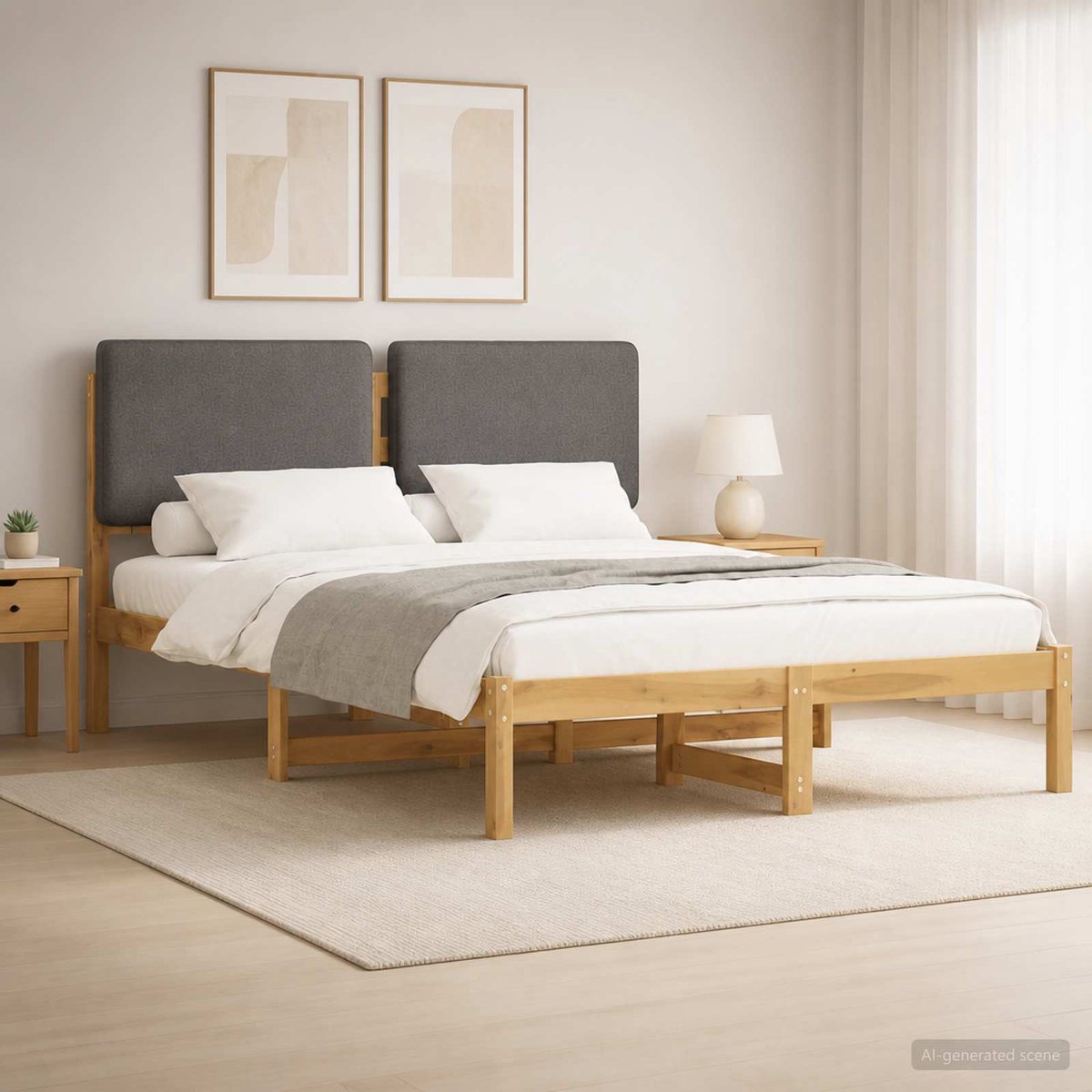 vidaXL Bedframe - met - gestoffeerd - hoofdbord - Whitewash - en - lichtgrijs Whitewash en lichtgrijs