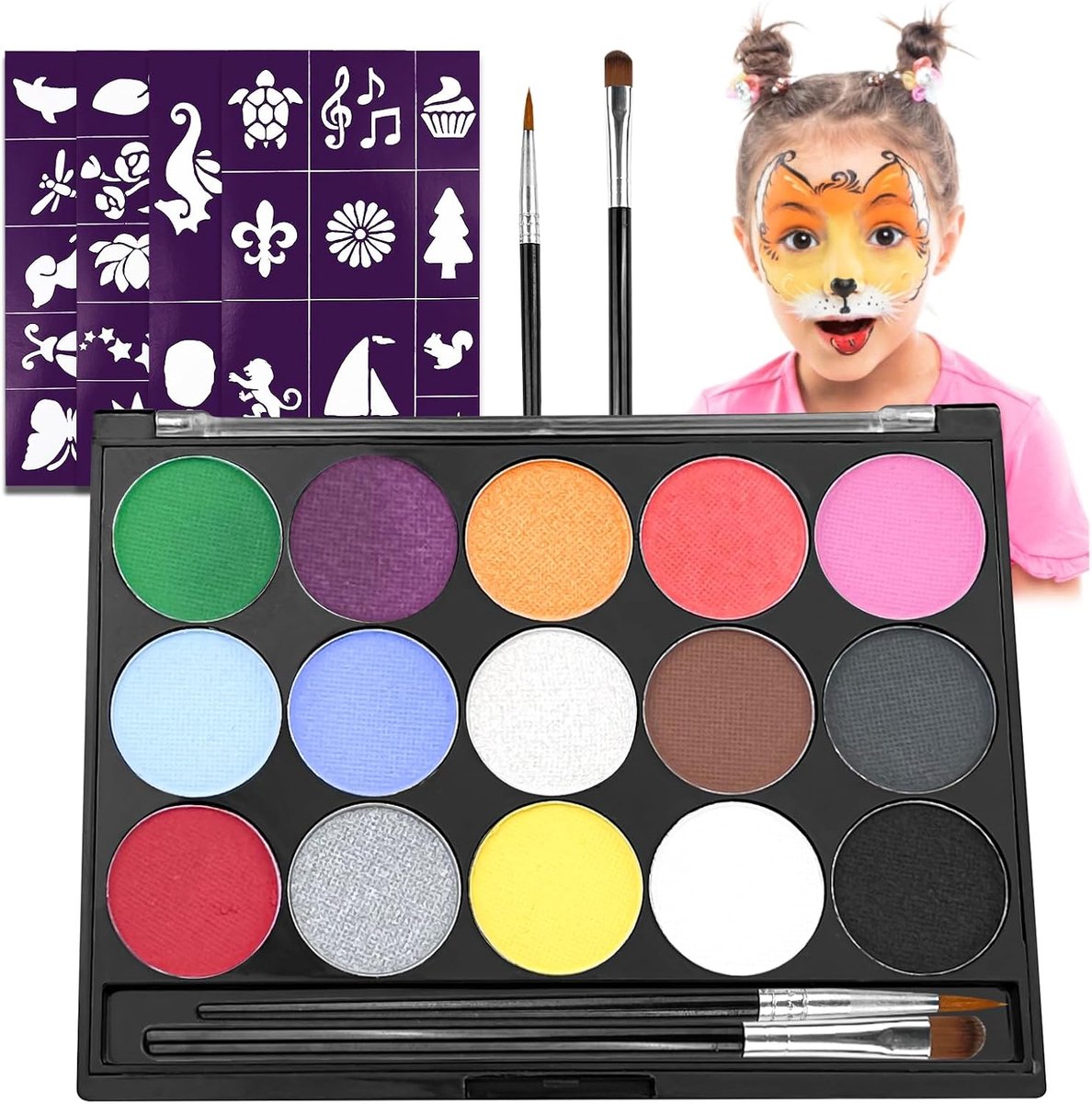 Kinder-Bodypaintset, 15 kleuren, 2 kwasten, 40 sjablonen, wasbaar, carnavalmake-up | Gezichtsschilderen voor kinderen, geschikt voor Halloween-party, verjaardag, cosplay, carnaval, Pasen