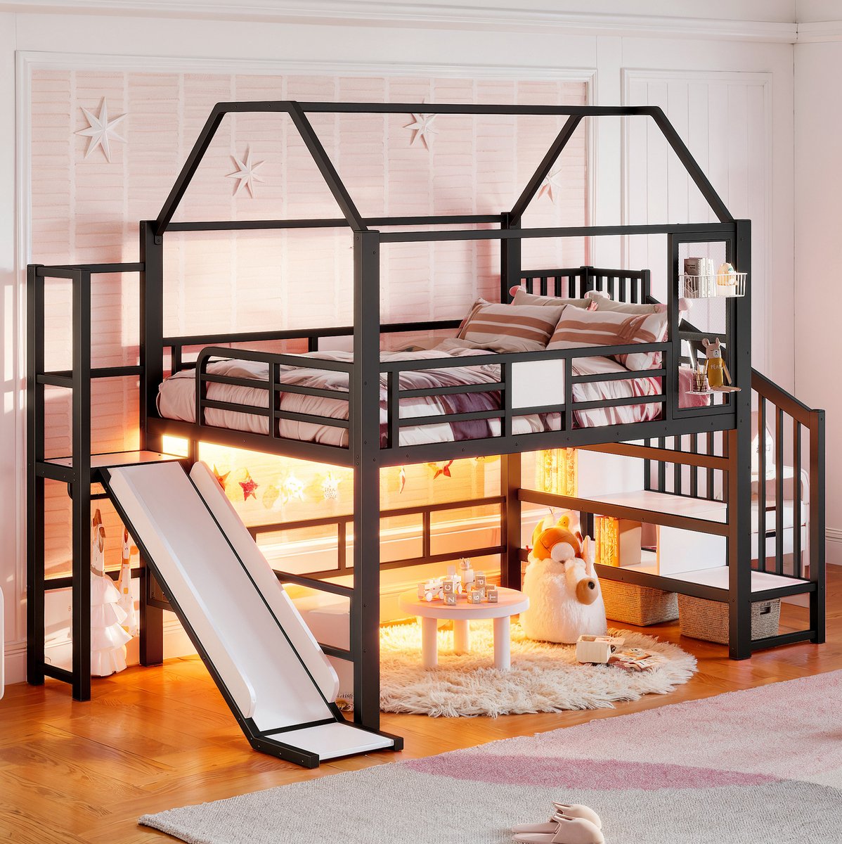 MODENUIT Kinderhoogslaper – 140 x 200 cm – Huisvorm met Glijbaan en Ledverlichting – Metaal en MDF – Zwart