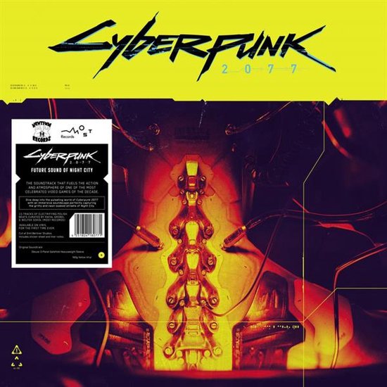 Cyberpunk 2077: Future Sound of Night City vinyl soundtrack hoes, met neon gele cyberpunk logo.