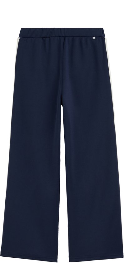 Achterkant van een donkerblauwe wide leg broek met elastische tailleband.