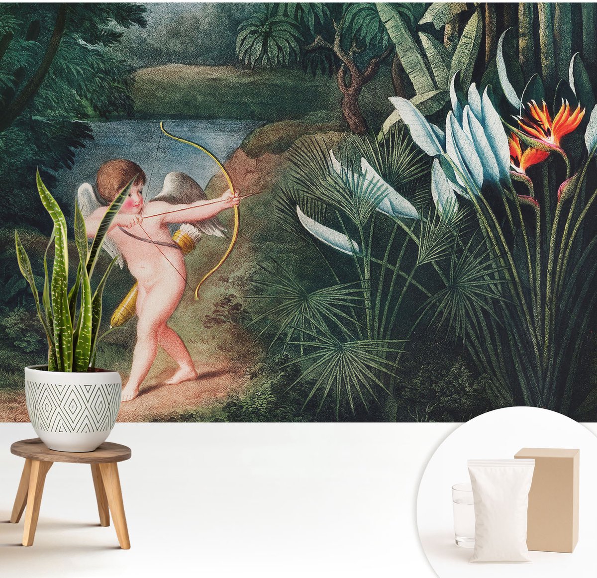 Wallfluent Fotobehang - Groente Vliesbehang - 208x146 cm - Schattige Cupido Fotobehang Vlies - Woonkamer behang Bloemen En Planten - Muurschildering - Woonkamer behang