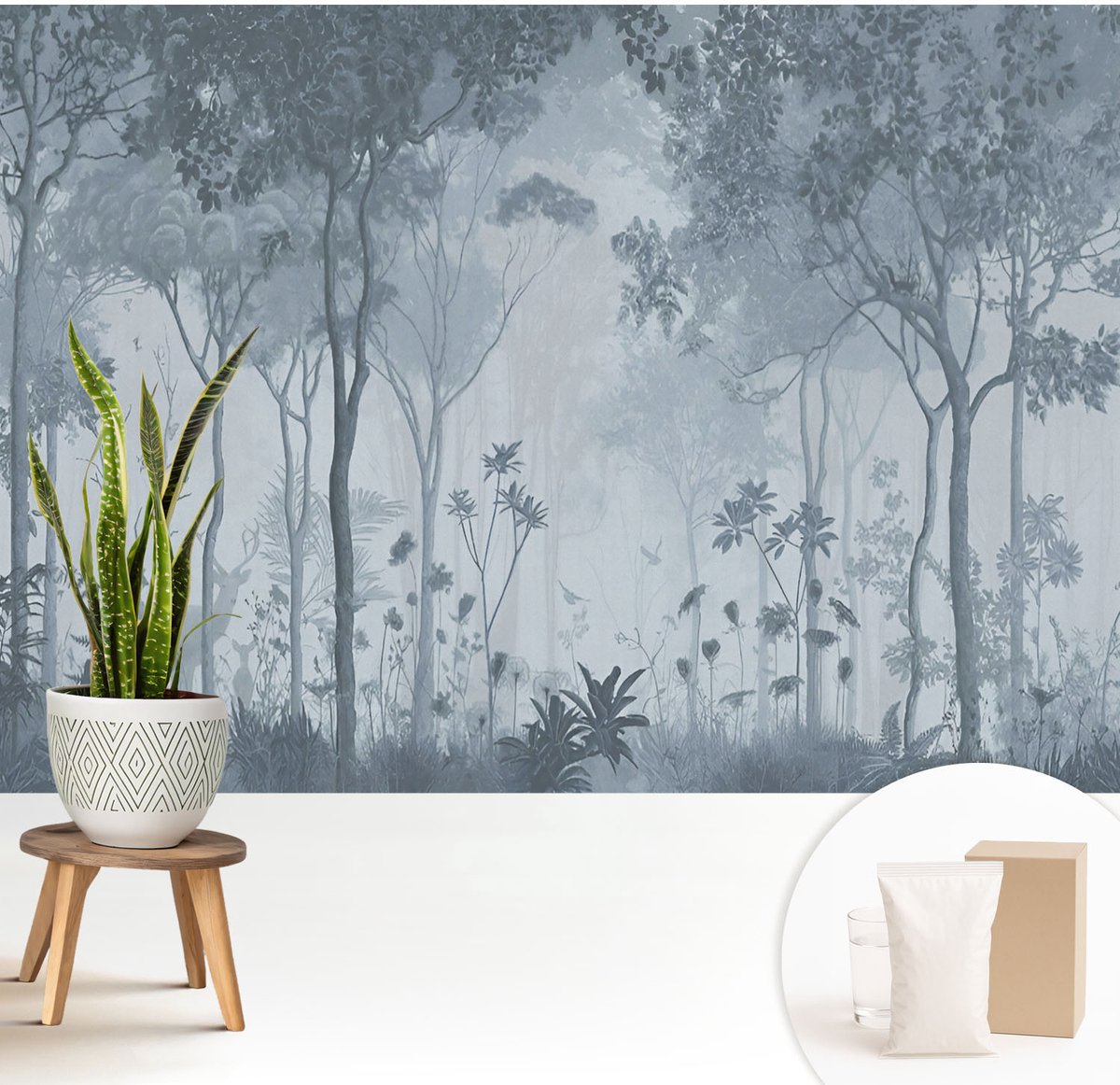 Wallfluent Fotobehang - Grijs Vliesbehang - 208x146 cm - Mystiek Van Het Bos Muurschildering - Gang behang Bloemen En Planten - Fotobehang Vlies - Slaapkamer behang
