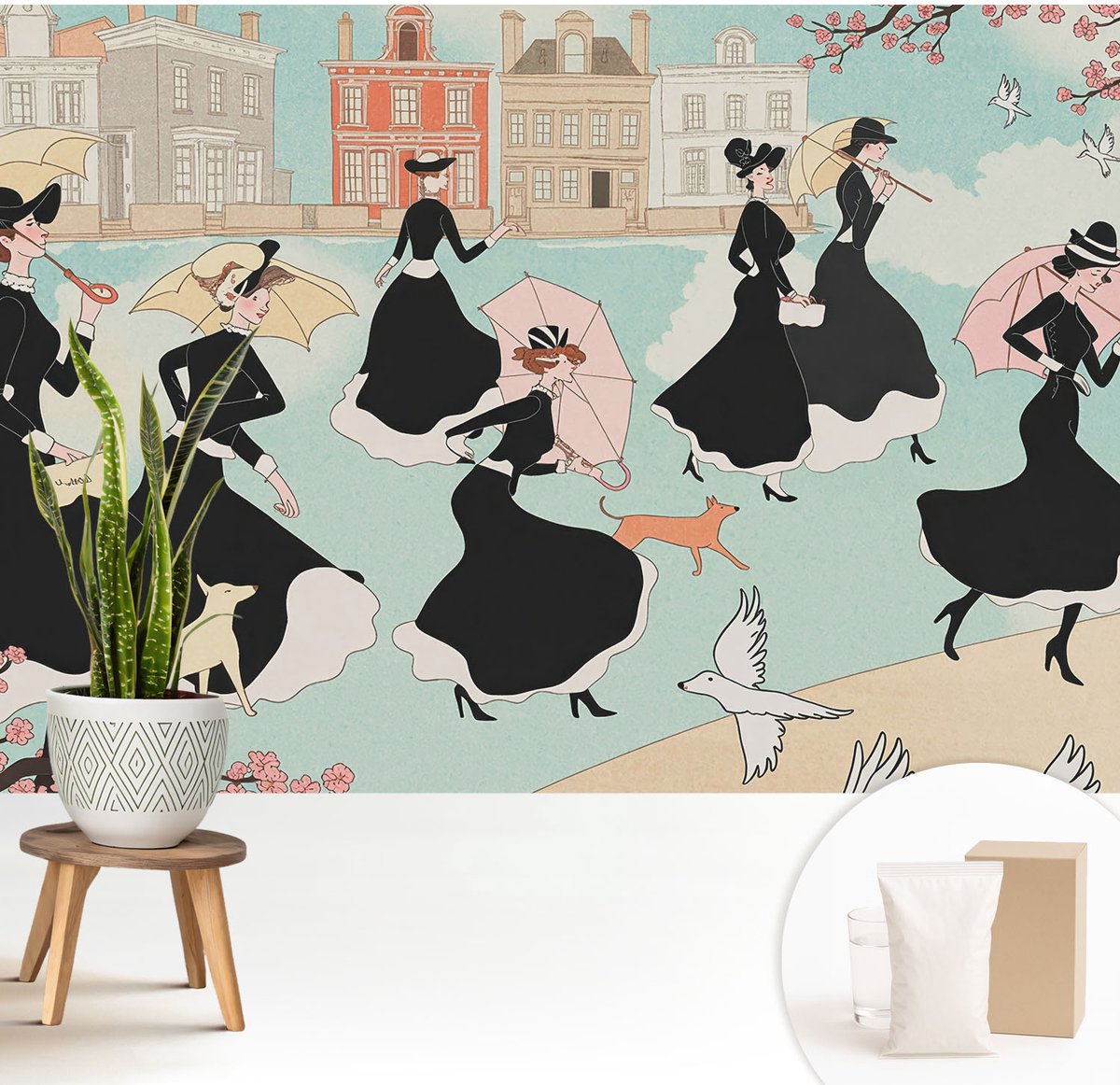 Wallfluent Fotobehang - Zwart Vliesbehang - 208x146 cm - Vrouwen Die Lopen Fotobehang Vlies - Woonkamer behang Mensen - Muurschildering - Hal behang