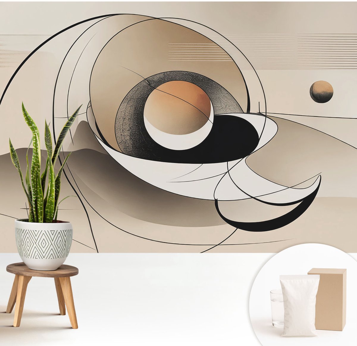 Wallfluent Fotobehang - Beige Vliesbehang - 208x146 cm - Harmonieuze Abstractie Muurschildering - Gang behang Abstractie - Fotobehang Vlies - Slaapkamer behang