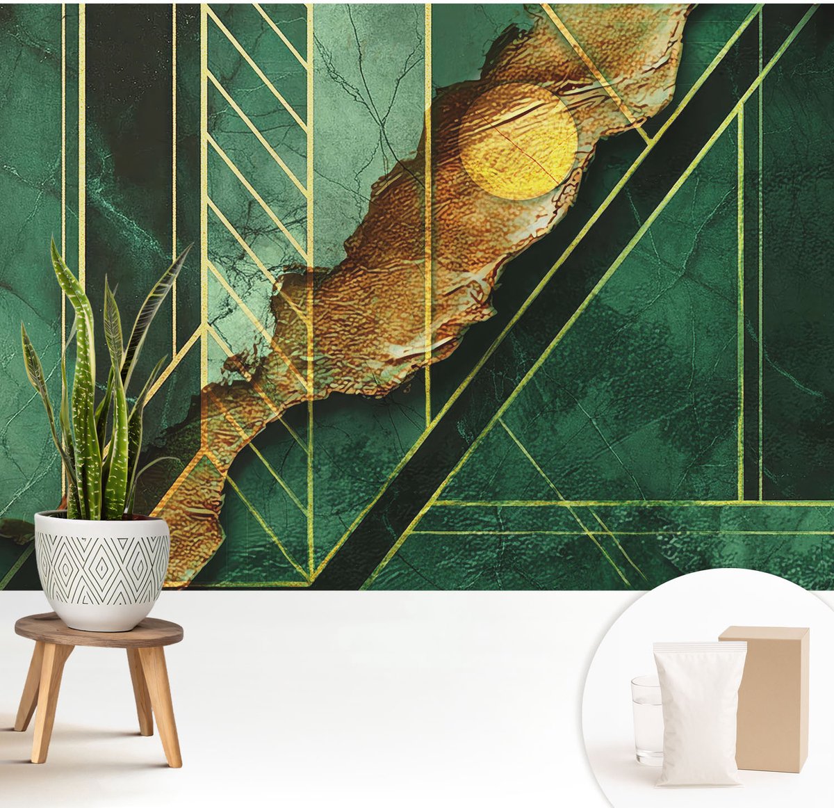 Wallfluent Fotobehang - Groente Vliesbehang - 208x146 cm - Geometrische Spanning Fotobehang Vlies - Woonkamer behang Abstractie - Muurschildering - Hal behang