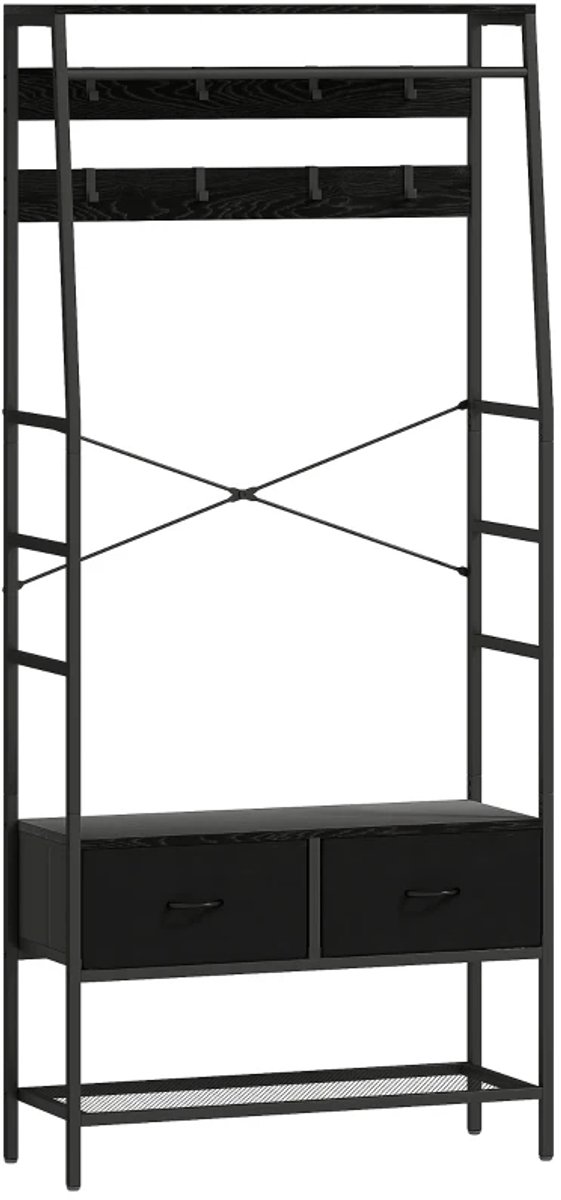 ZYLARO Kapstok - Met Schoenenrek - Industrieel Design Kledingrek - 2 Stoffen Lades - 8 Haken - Metalen Frame - Zwart