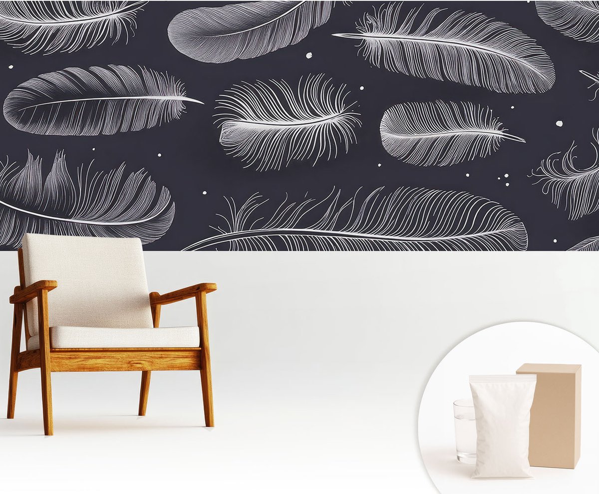Wallfluent Fotobehang - Zwart-Wit Vliesbehang - 250x104 cm - Subtiele Veren Muurschildering - Slaapkamer behang Achtergronden En Patronen - Fotobehang Vlies - Slaapkamer behang