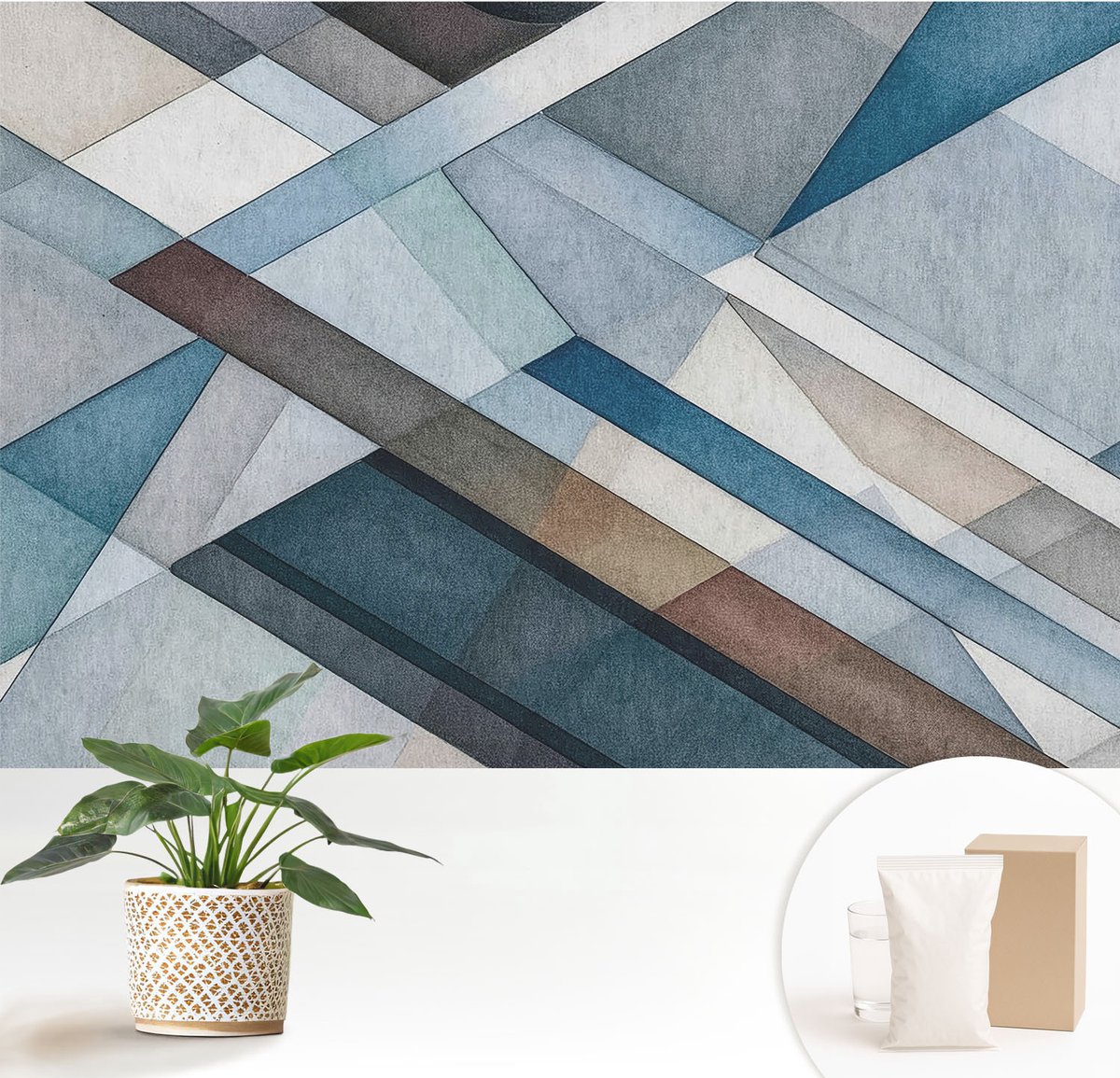 Wallfluent Fotobehang - Blauw Vliesbehang - 152x104 cm - Abstracte Geometrie Fotobehang Vlies - Woonkamer behang Geometrie - Muurschildering - Hal behang