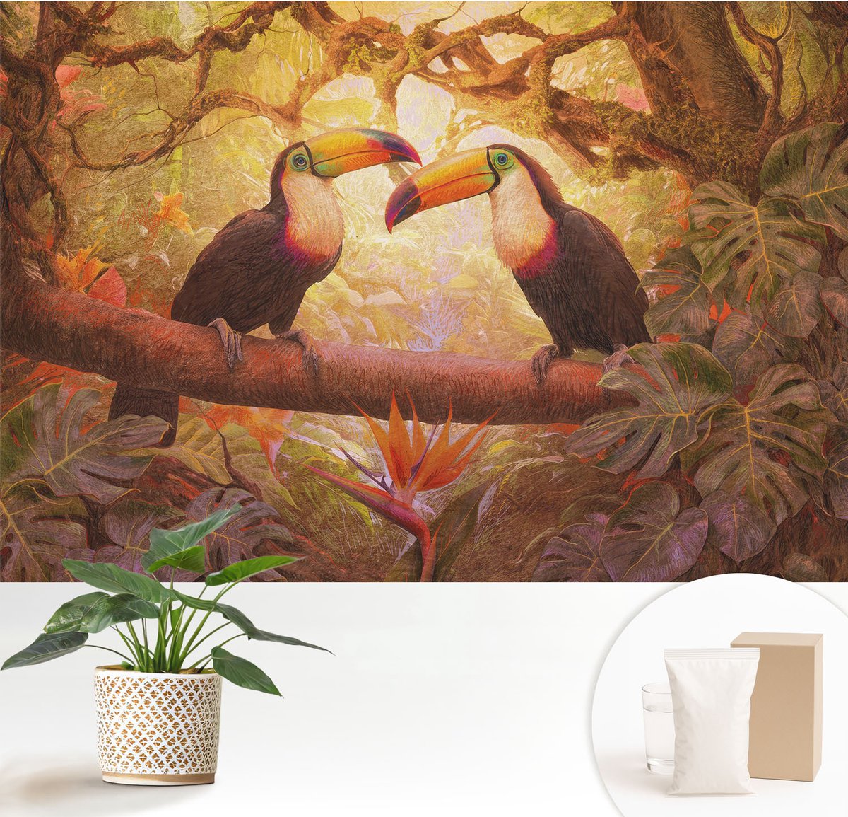 Wallfluent Fotobehang - Bruin Vliesbehang - 152x104 cm - Kleurrijke Toekans Muurschildering - Gang behang Dieren - Fotobehang Vlies - Slaapkamer behang