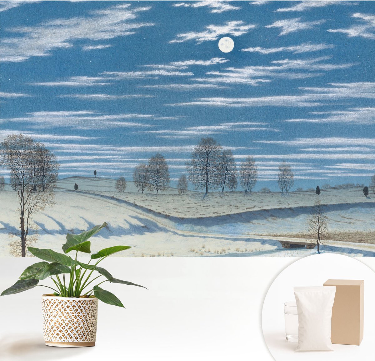 Wallfluent Fotobehang - Blauw Vliesbehang - 152x104 cm - Winterlandschap Fotobehang Vlies - Woonkamer behang Landschappen - Muurschildering - Woonkamer behang