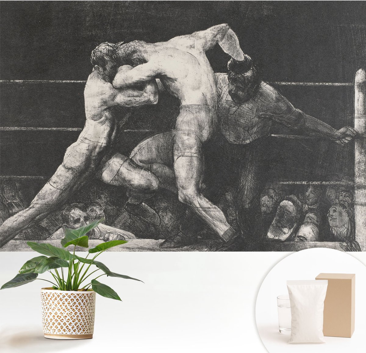 Wallfluent Fotobehang - Zwart Vliesbehang - 152x104 cm - Boksersduel Fotobehang Vlies - Hal behang Deel - Muurschildering - Hal behang