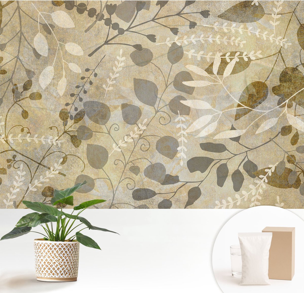 Wallfluent Fotobehang - Beige Vliesbehang - 152x104 cm - Takbladeren Fotobehang Vlies - Hal behang Bloemen En Planten - Muurschildering - Woonkamer behang