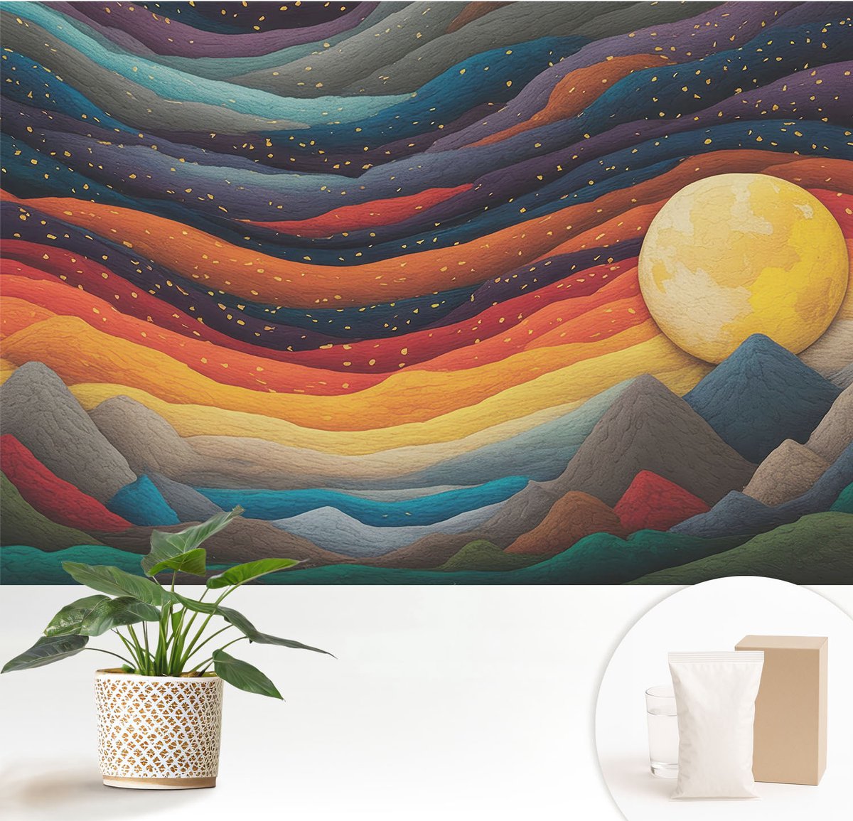 Wallfluent Fotobehang - Oranje Vliesbehang - 152x104 cm - Kleurrijke Bergen Fotobehang Vlies - Woonkamer behang Abstractie - Muurschildering - Woonkamer behang