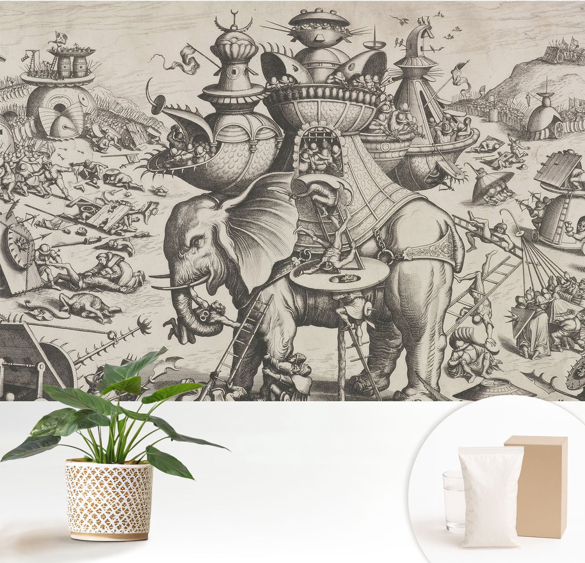 Wallfluent Fotobehang - Zwart-Wit Vliesbehang - 152x104 cm - Een Groteske Strijd Fotobehang Vlies - Woonkamer behang Deel - Muurschildering - Woonkamer behang