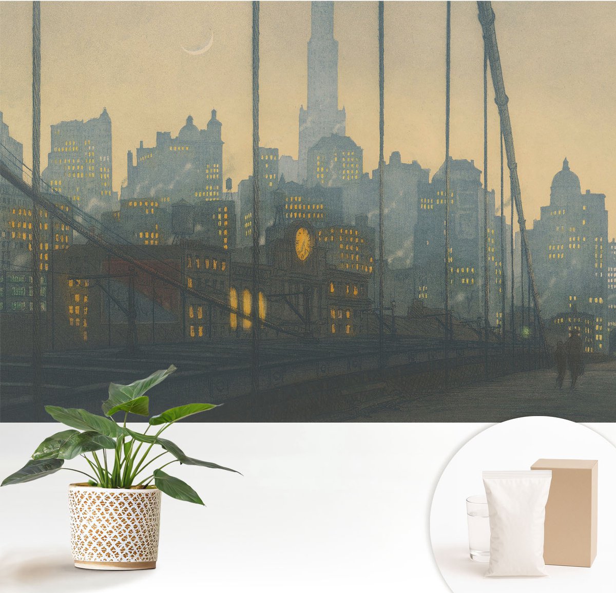 Wallfluent Fotobehang - Grijs Vliesbehang - 152x104 cm - Avondpanorama Muurschildering - Gang behang Steden - Fotobehang Vlies - Gang behang