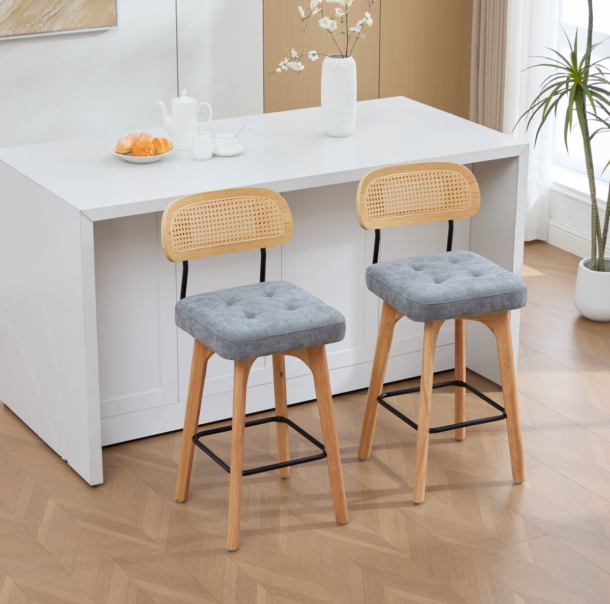 MODENUIT Barkruk 44 x 51 x 96 cm - Set van 2 Draaibaar Met Rugleuning - Keukenbar - Stof En Rotan Grijs